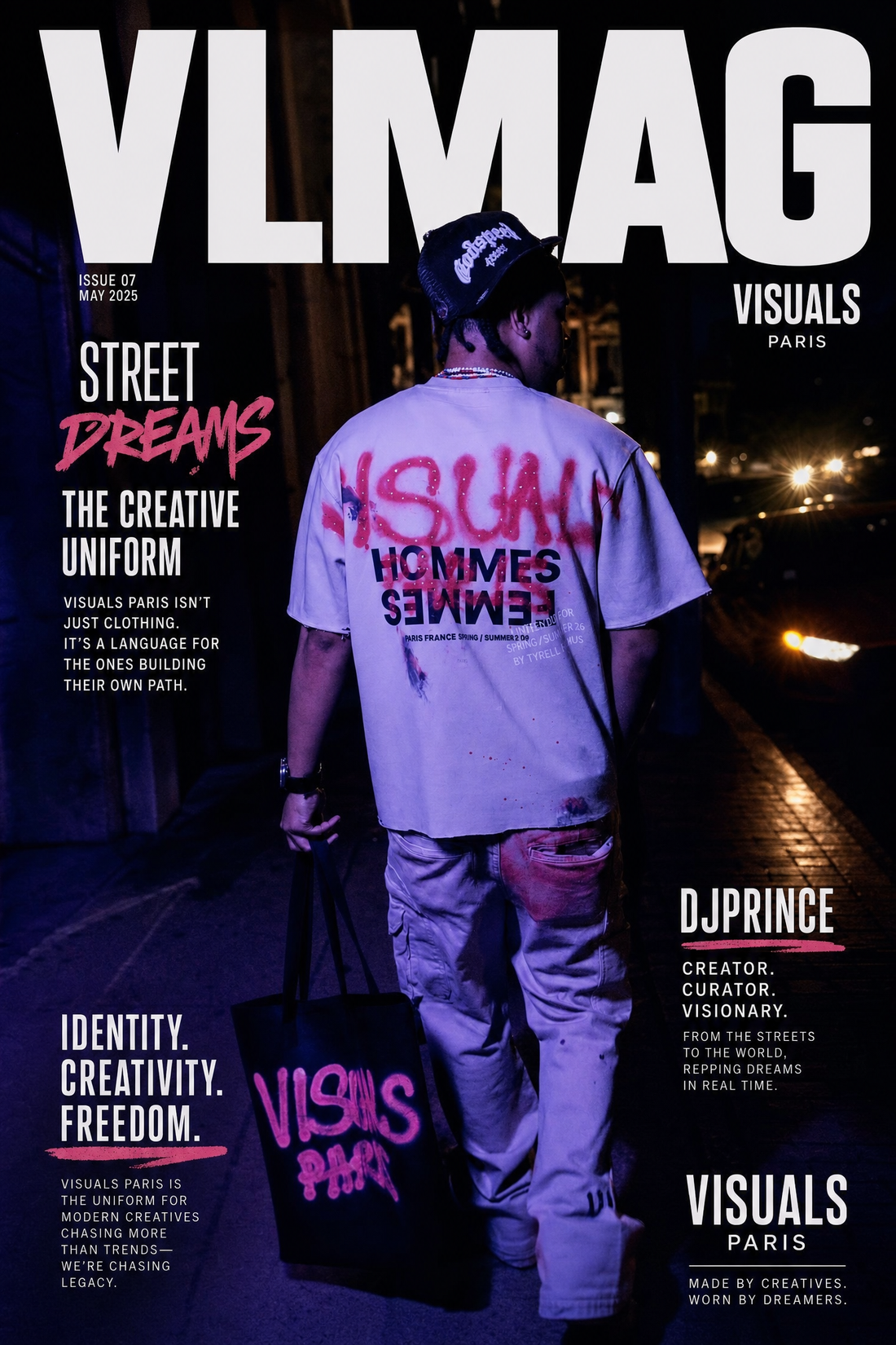 Rear view of DJ Prince wearing a hand-finished Visuals Paris limited-edition graphic shirt featured in the VLMAG Street Dreams editorial.